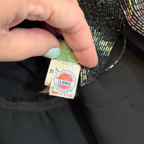 VTG Denise Fashions Blouse M Black Pleated Surplice Sheer Batwing Beaded Hem USA - Picture 5 of 10